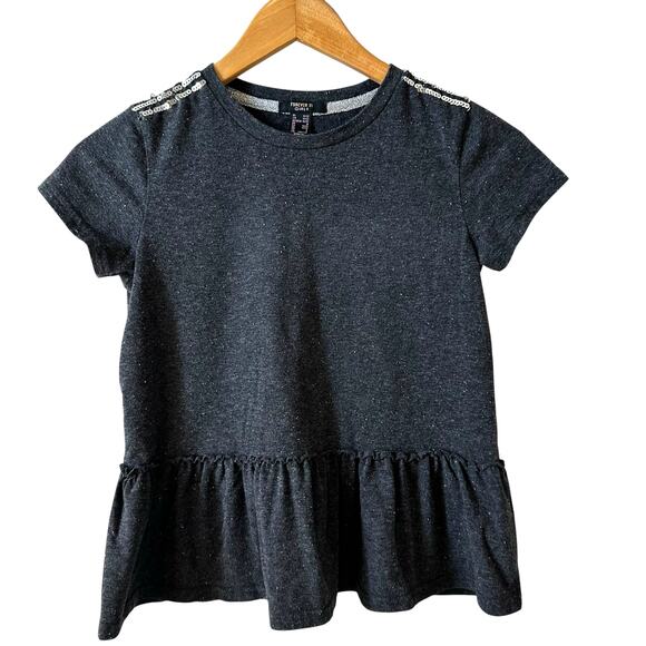 Forever 21 Girls Sequin Short Sleeve T Shirt Ruffle Hem Spotted Gray Size 11/12 - Picture 1 of 7